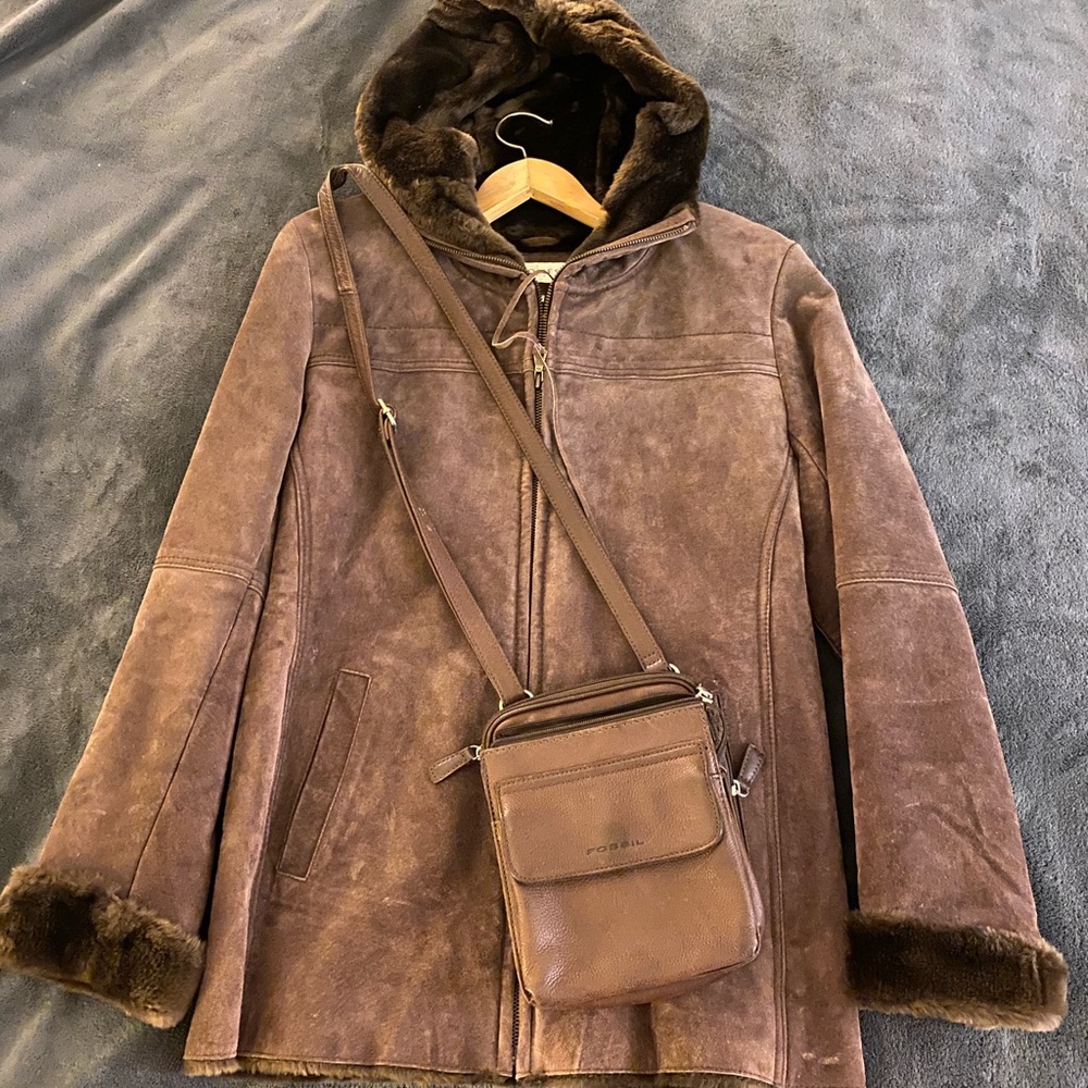 Brn Coat Leather FauxFur lined w/ Brn Fossil Purse
